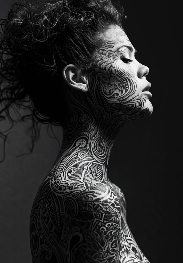 Model with ornamental face, neck and shoulder tattoo