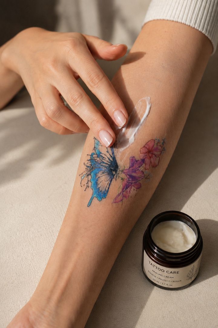 Applying aftercare cream to a watercolor butterfly tattoo
