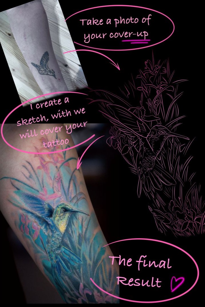 Before and after hummingbird tattoo cover-up with custom sketch and final result